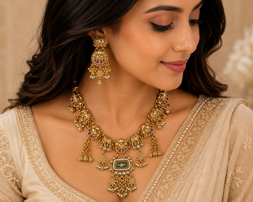 Antique Gold Traditional Necklace Set with Green & Ruby Stones