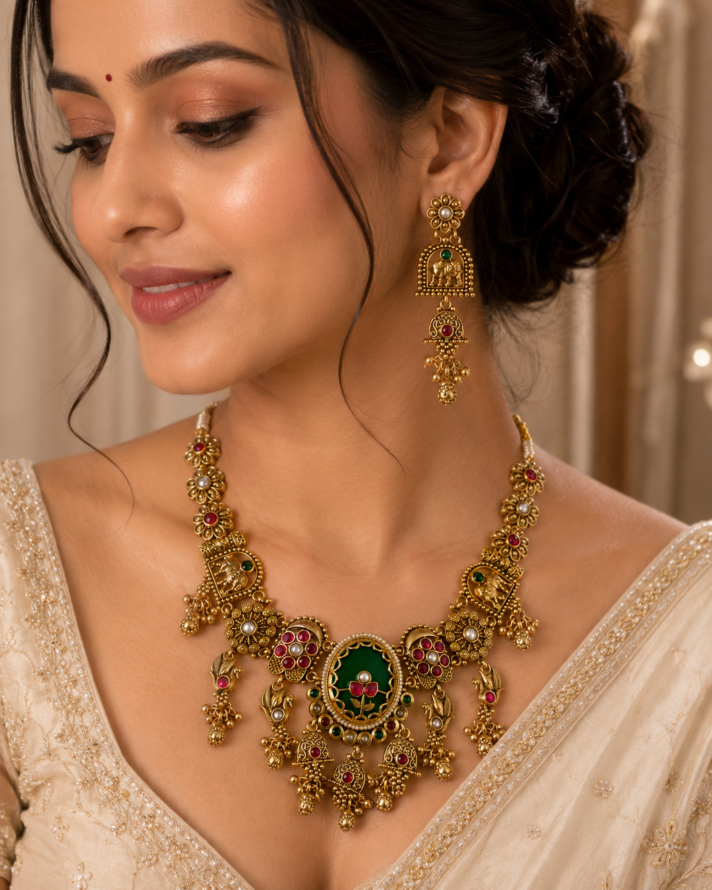 Royal Green & Ruby Antique Necklace Set with Earrings