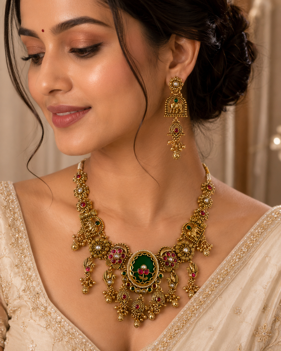 Royal Green & Ruby Antique Necklace Set with Earrings