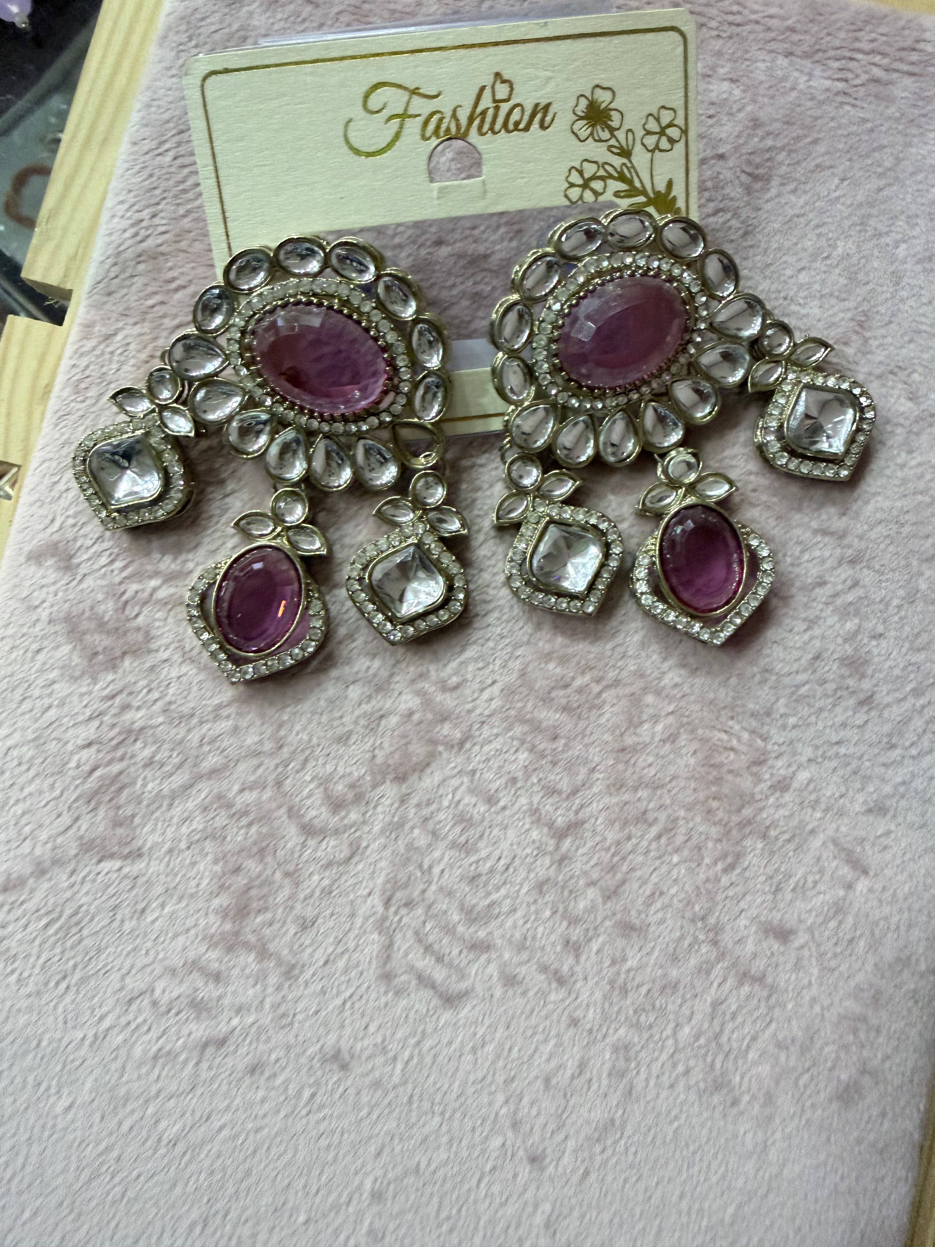 Elegant Pink Kundan-Inspired Chandelier Earrings