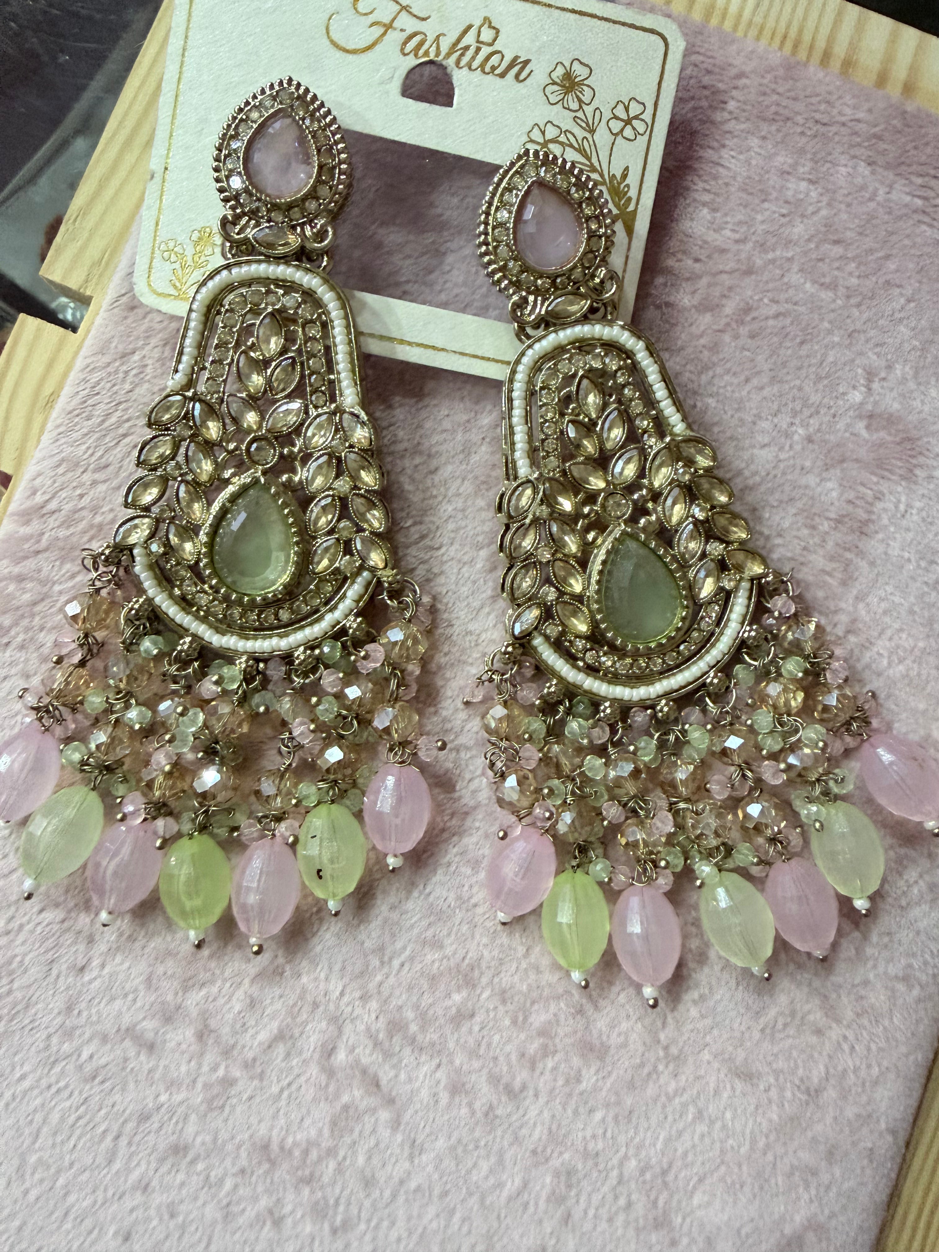 Pastel Pink & Green Antique Gold Chandelier Earrings