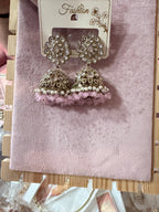 Pink Beaded Stone-Studded Jhumka Earrings