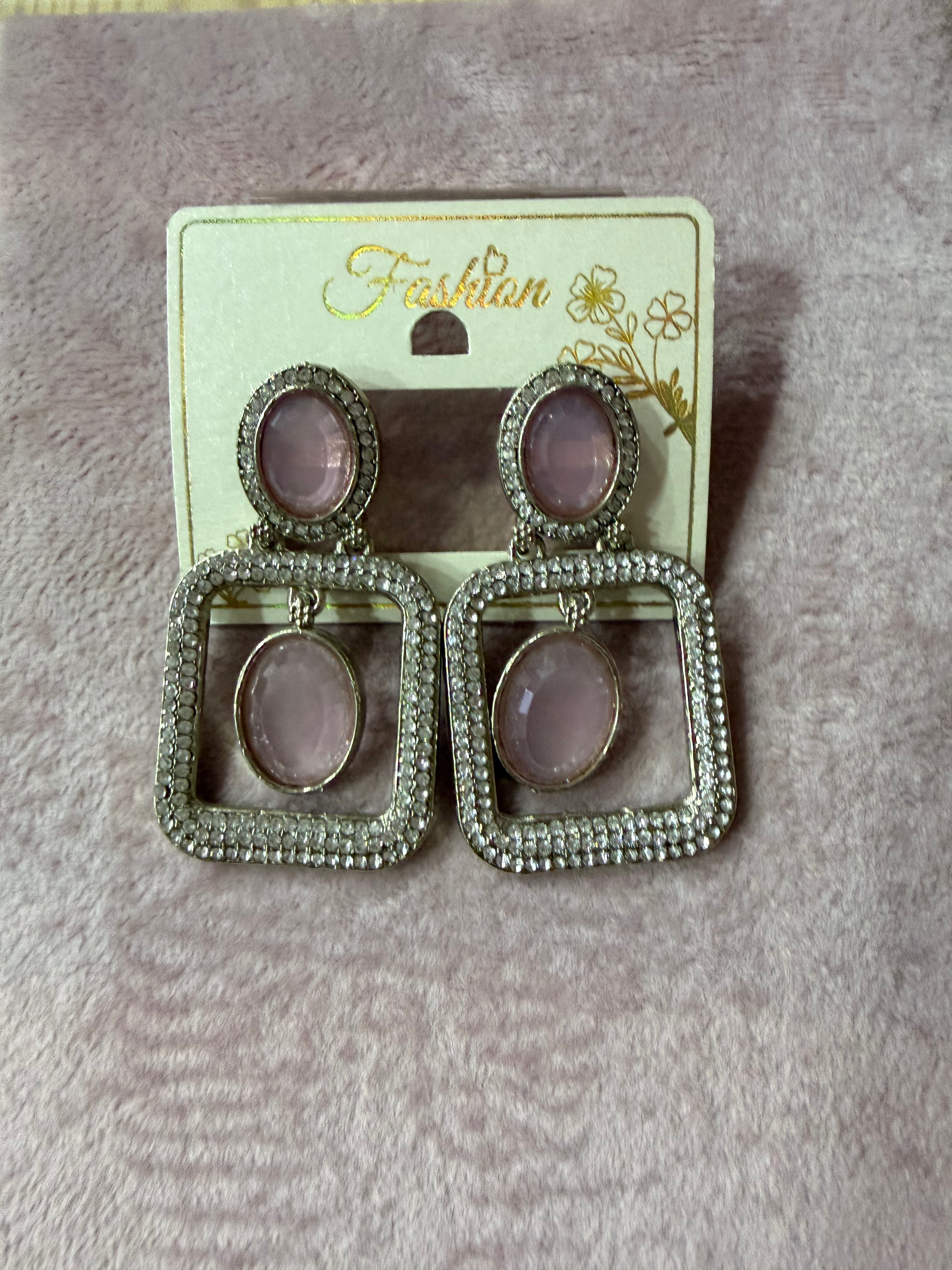 Elegant Pink Stone Geometric Drop Earrings