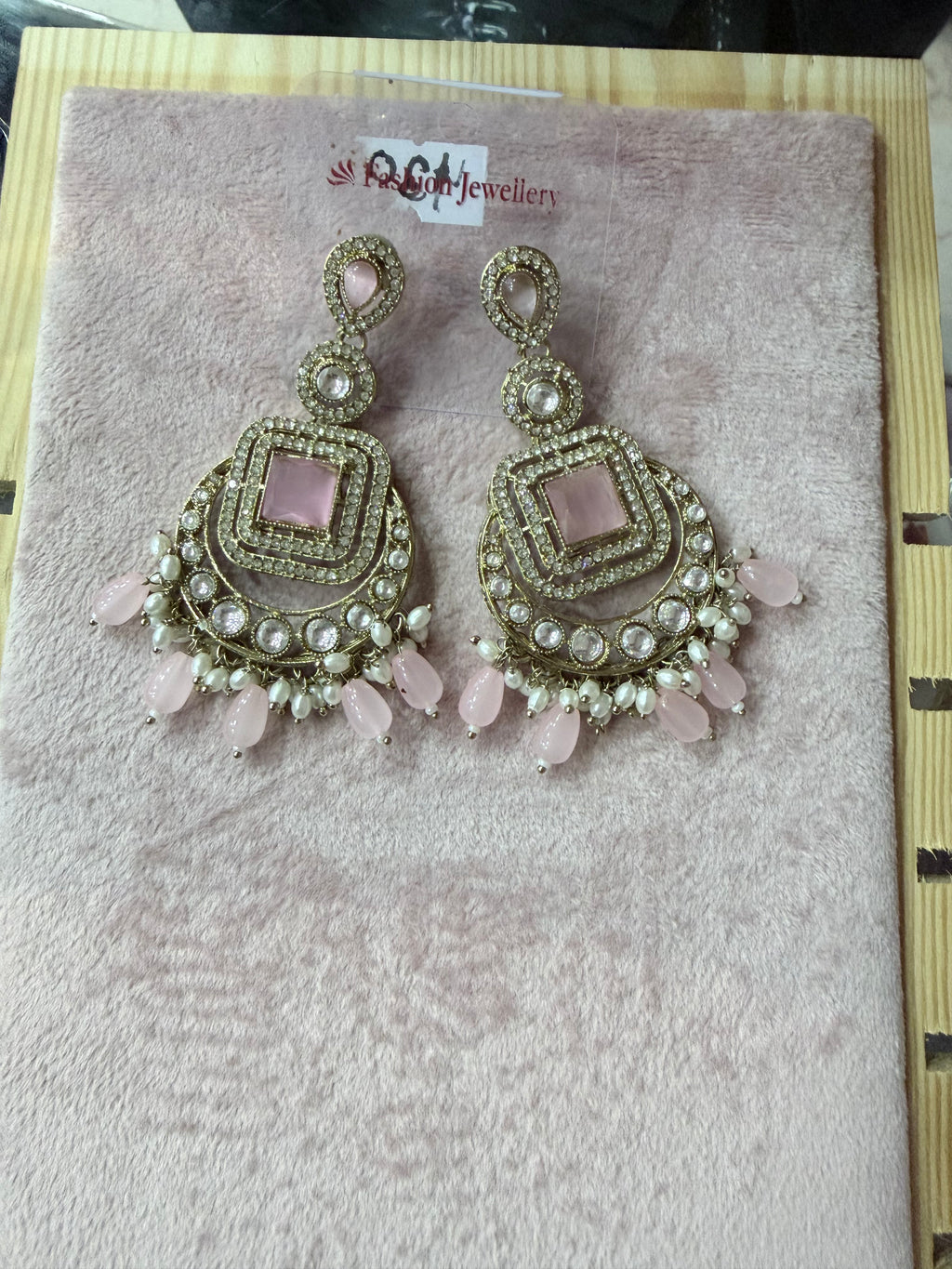 Pink Stone & Pearl Chandelier Earrings