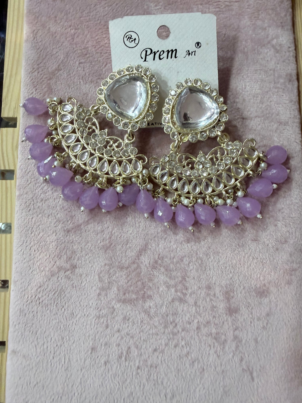 Artificial Lavender Kundan-Style Chandelier Earrings