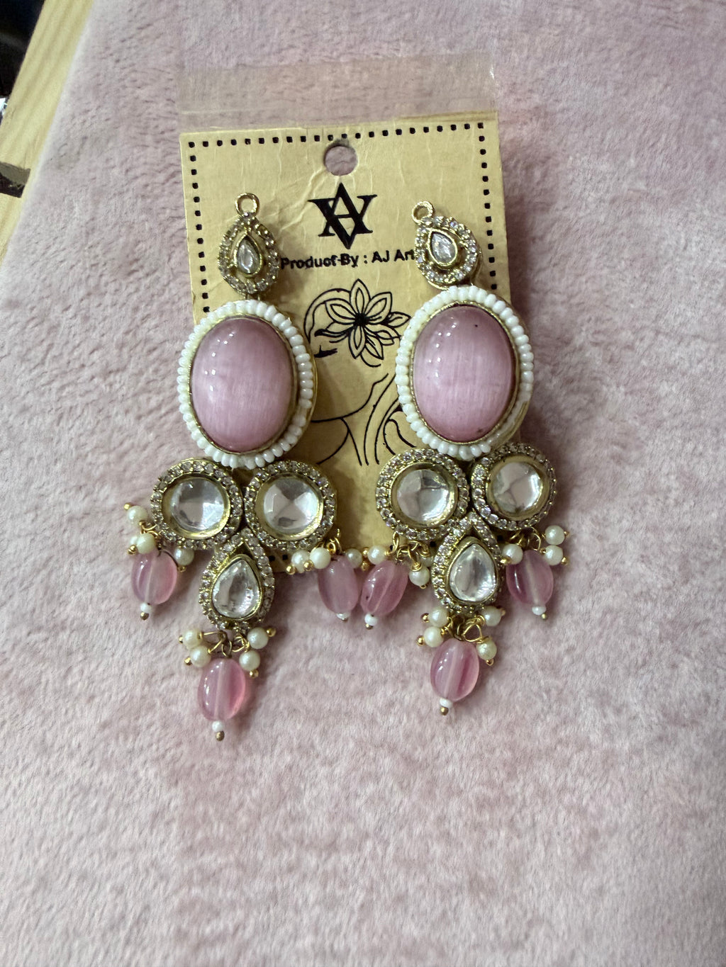 Pink Stone Designer Chandelier Earrings with Pearl Bead Detailing