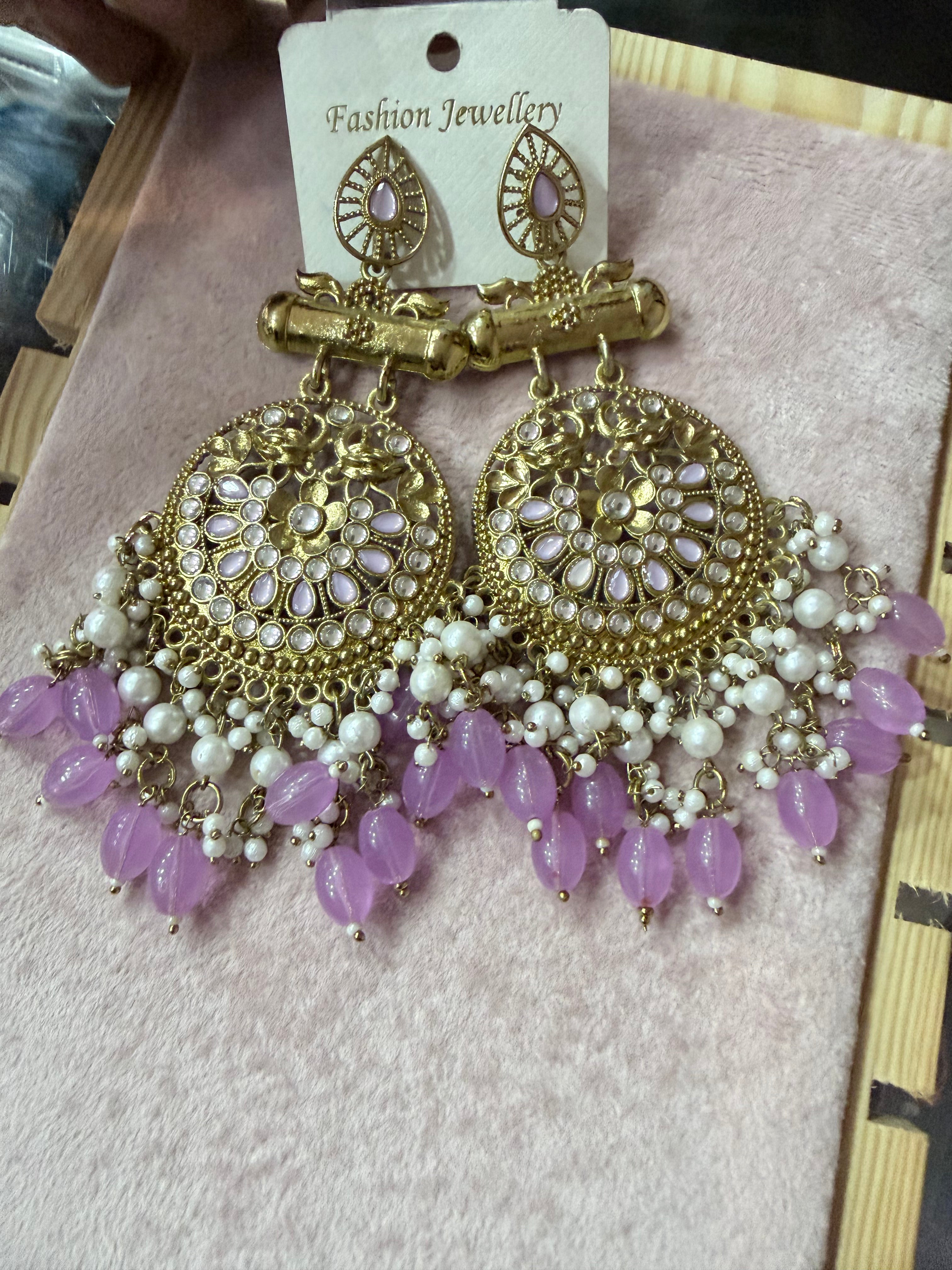 Gold-Plated Lavender Pearl & Beaded Chandelier Earrings