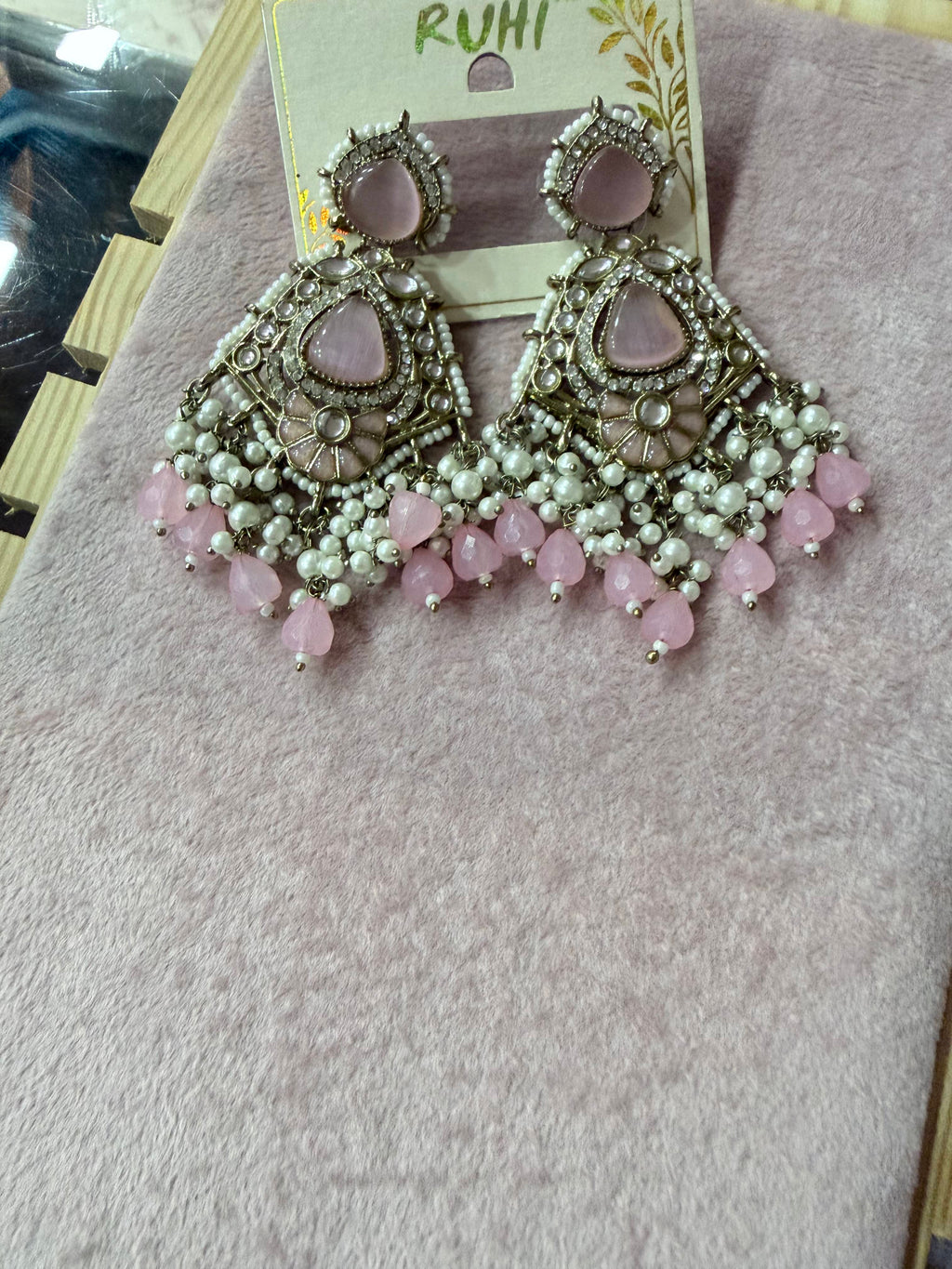 Pink Stone & Pearl Chandelier Earrings