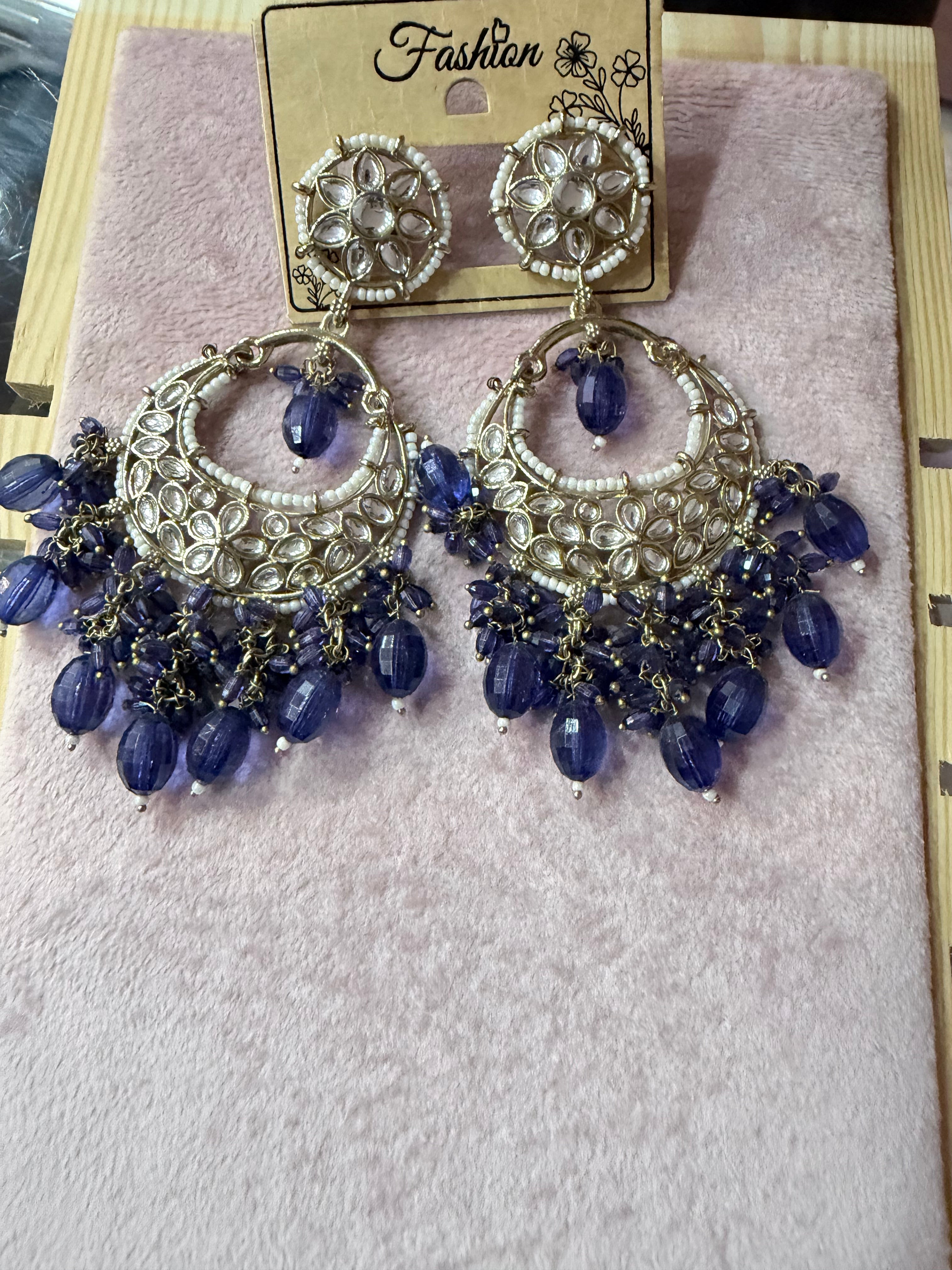 Royal Blue Kundan Chandelier Earrings