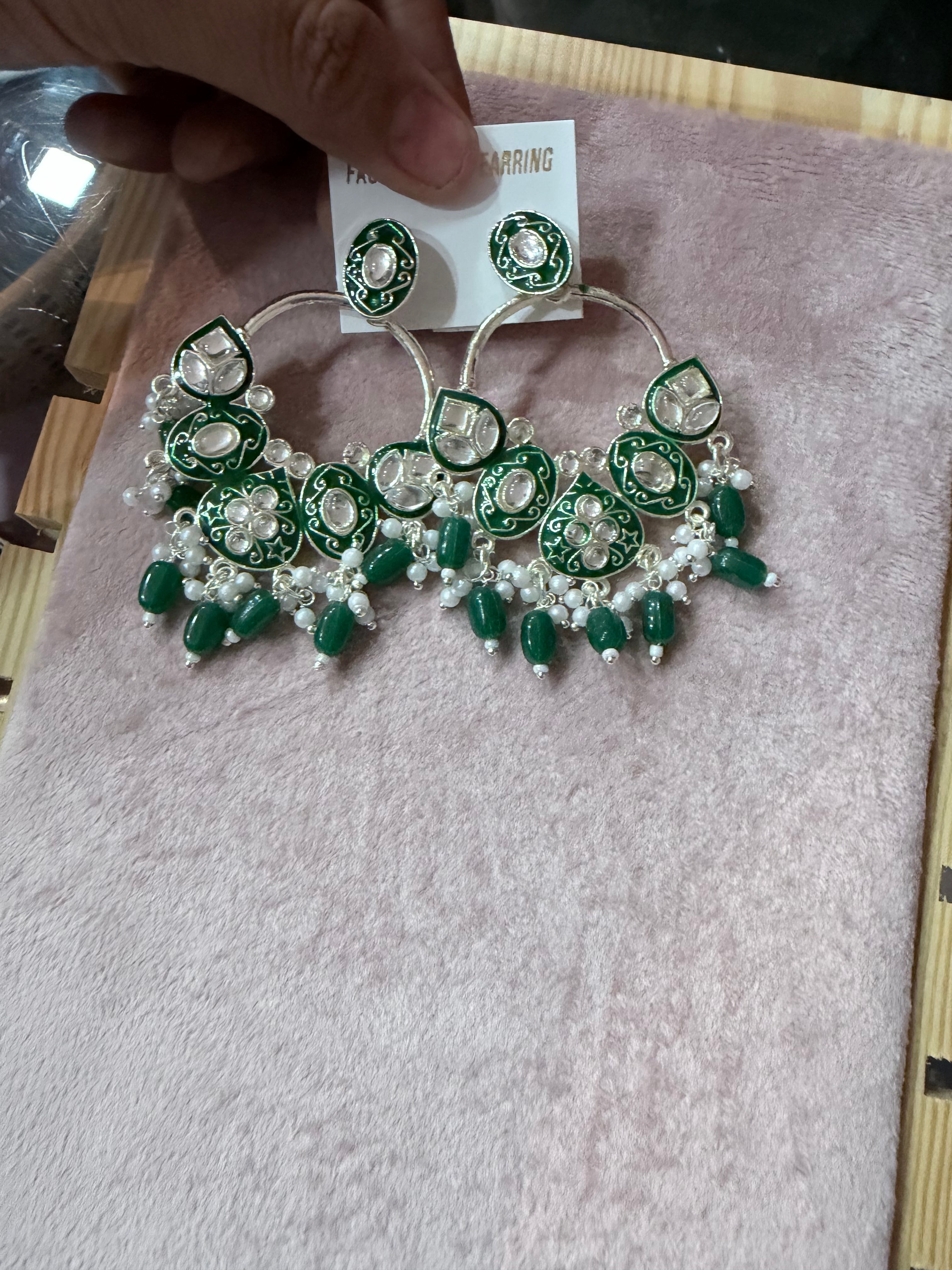 Emerald Green Kundan Chandelier Hoop Earrings