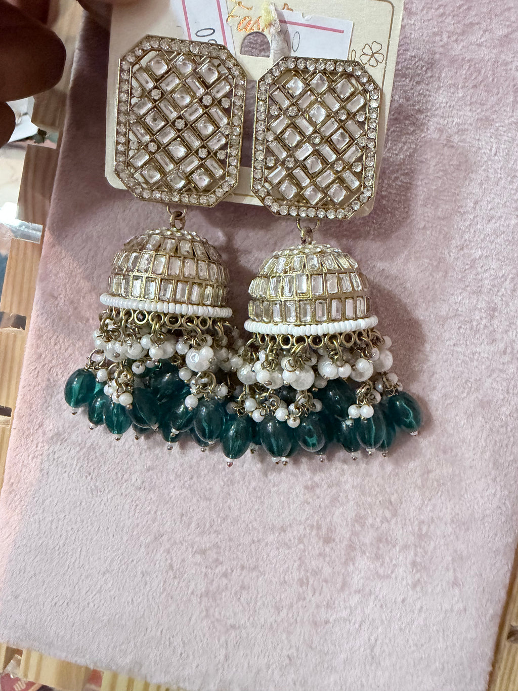 Emerald Green Kundan Jhumka Earrings