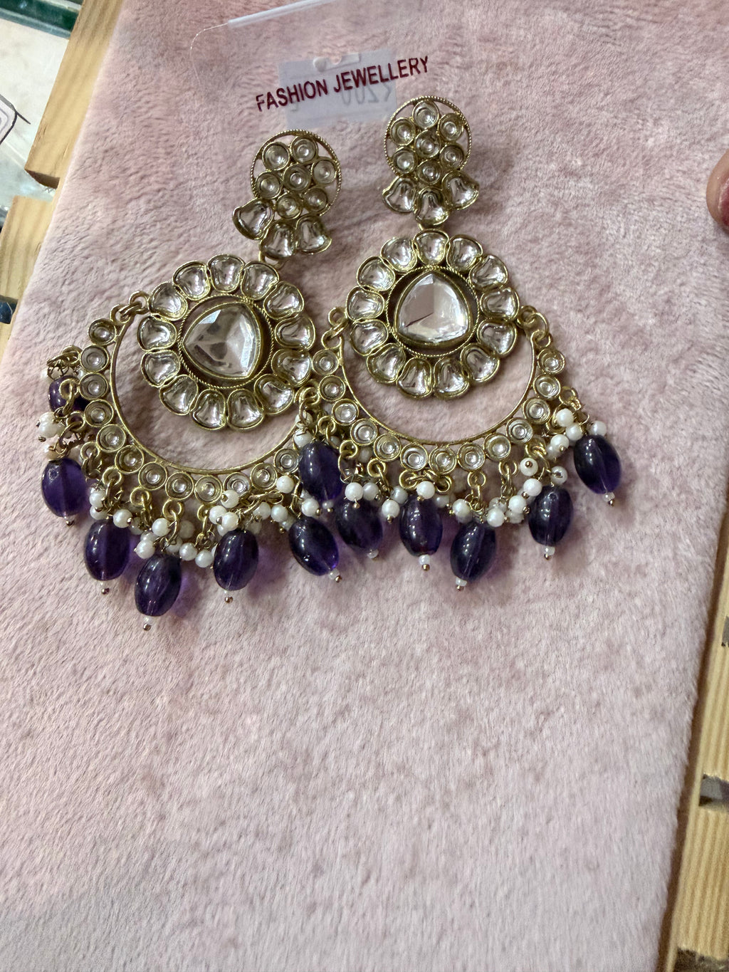 Gold-Tone Purple Beaded Statement Chandelier Earrings
