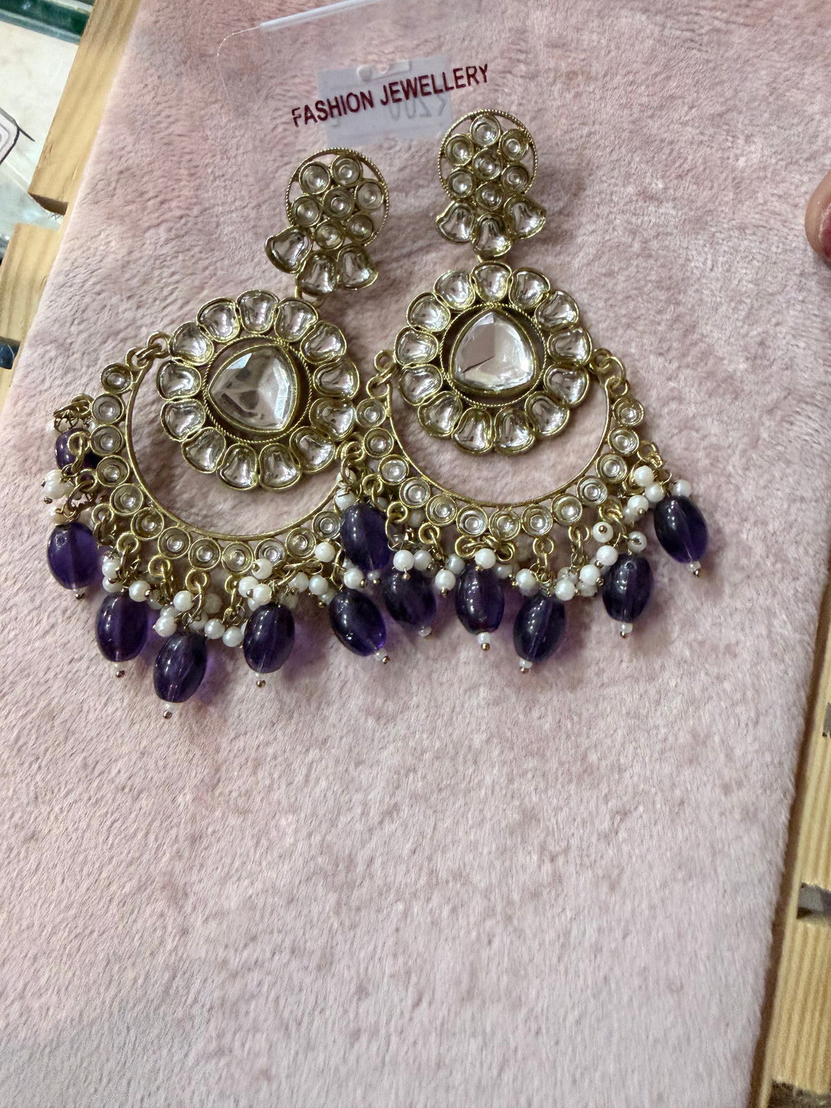 Gold-Tone Purple Beaded Statement Chandelier Earrings