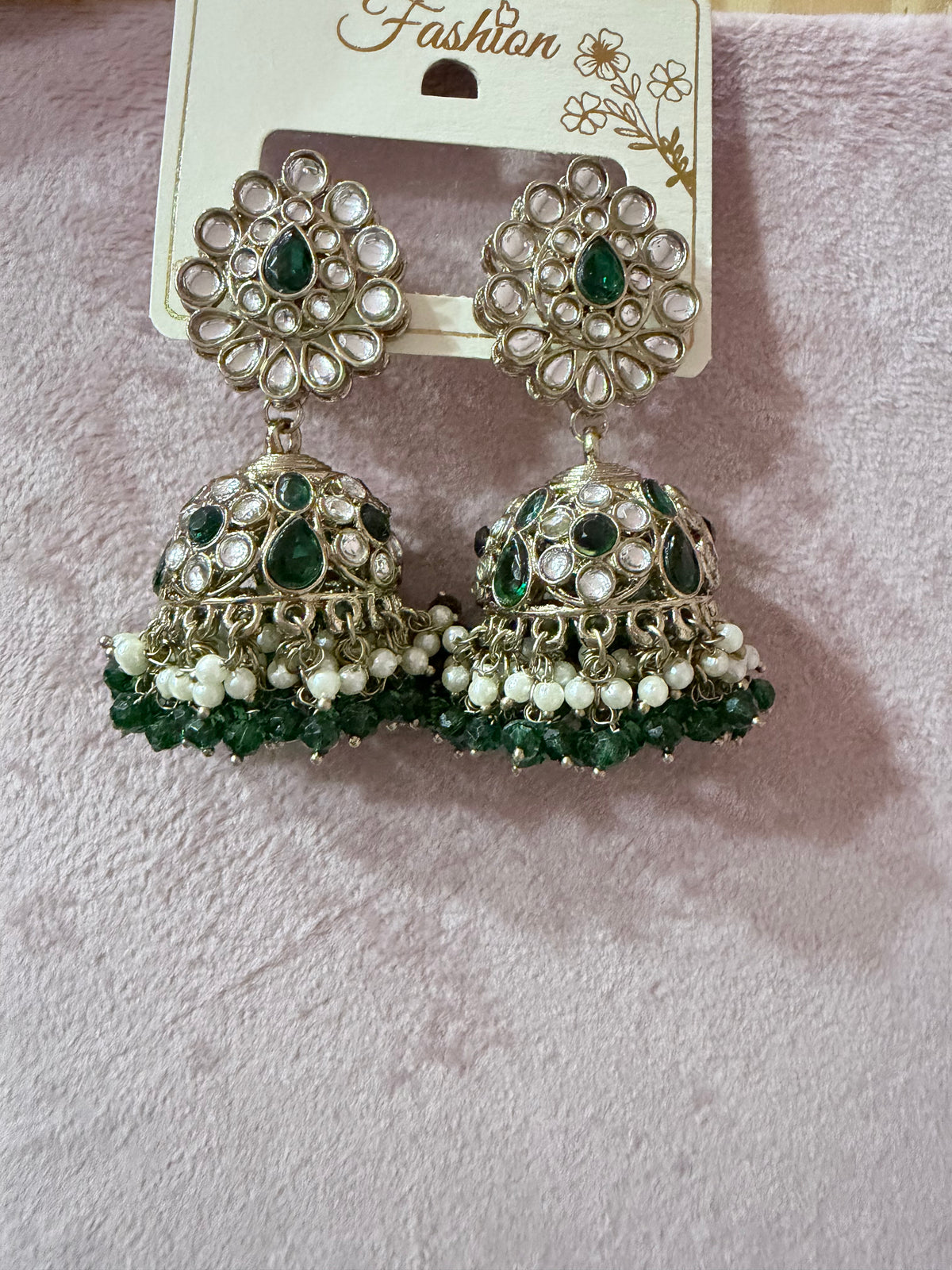 Green & White Stone Jhumka Earrings – Gold-Tone Pearl & Crystal Statement Earrings