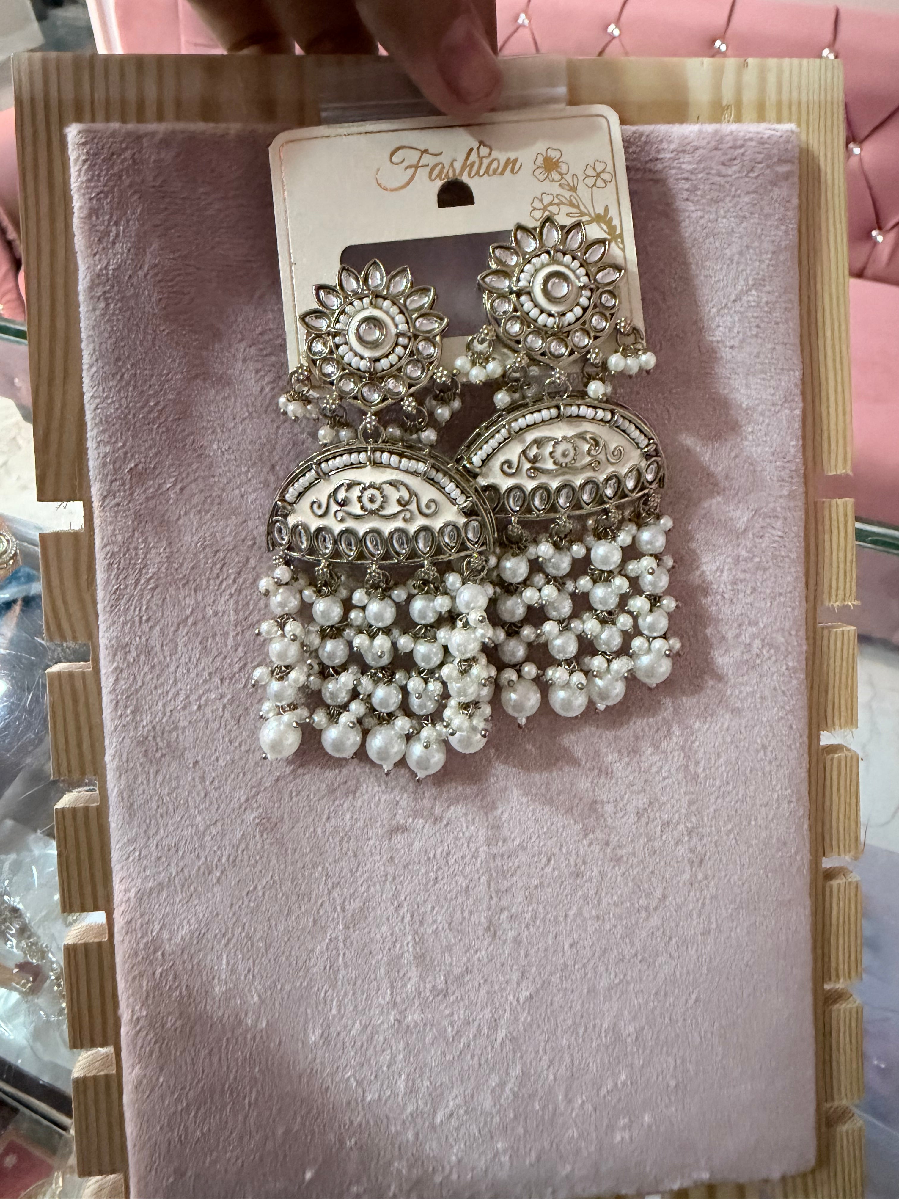Silver-Tone Pearl Jhumka Chandelier Earrings