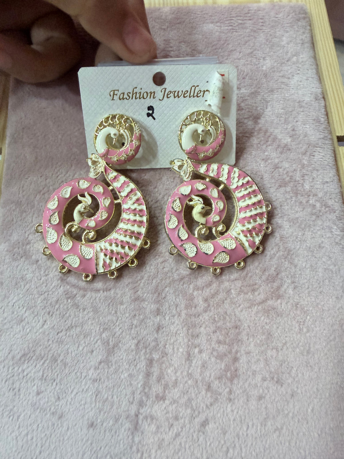 Pink & White Peacock Spiral Artificial Earrings