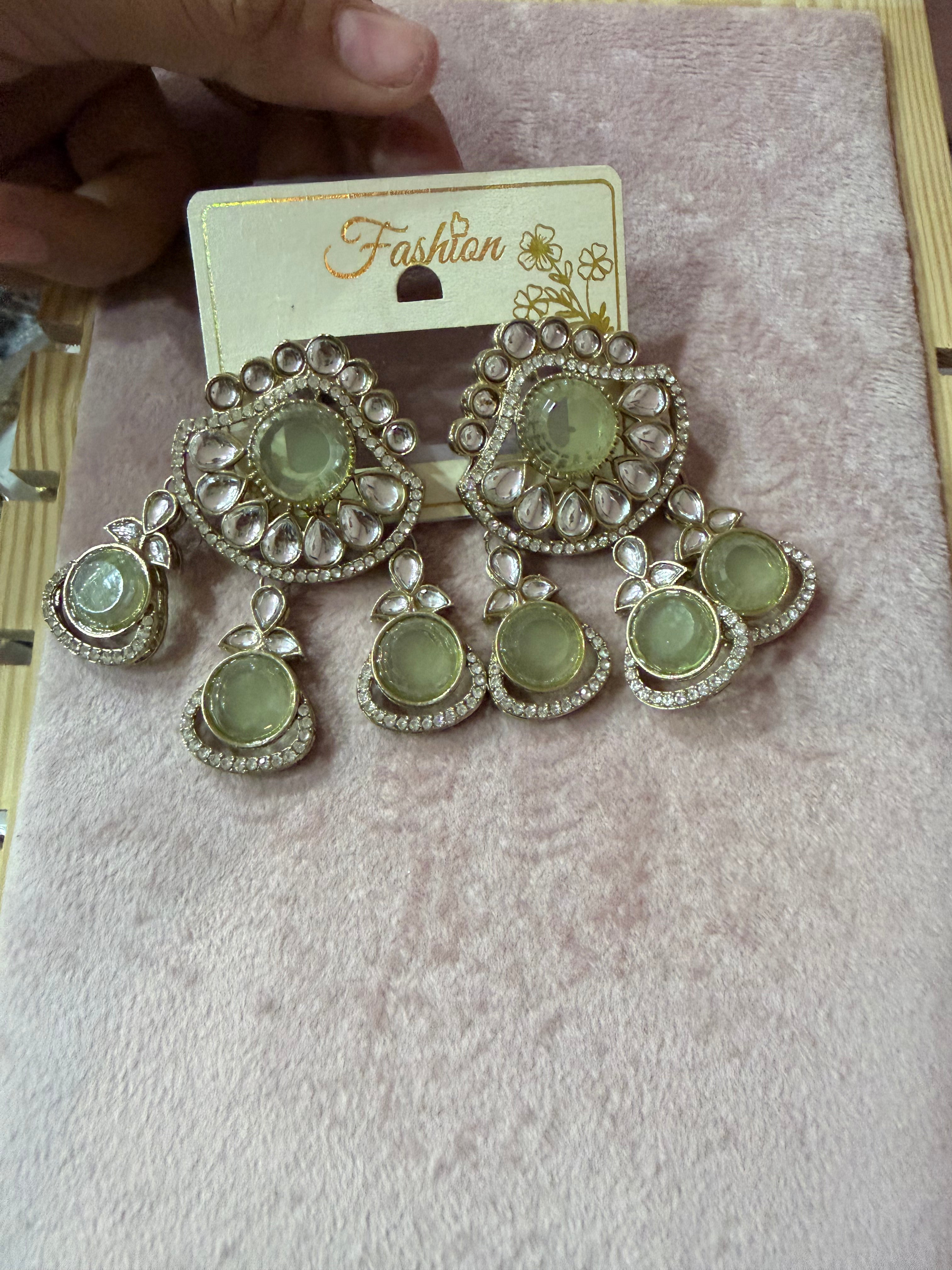 Green Stone Artificial Statement Earrings