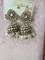 Gold-Tone Pearl Jhumka Earrings – Crystal Floral Statement Earrings