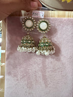 Gold-Tone Green Enamel Pearl Jhumka Earrings