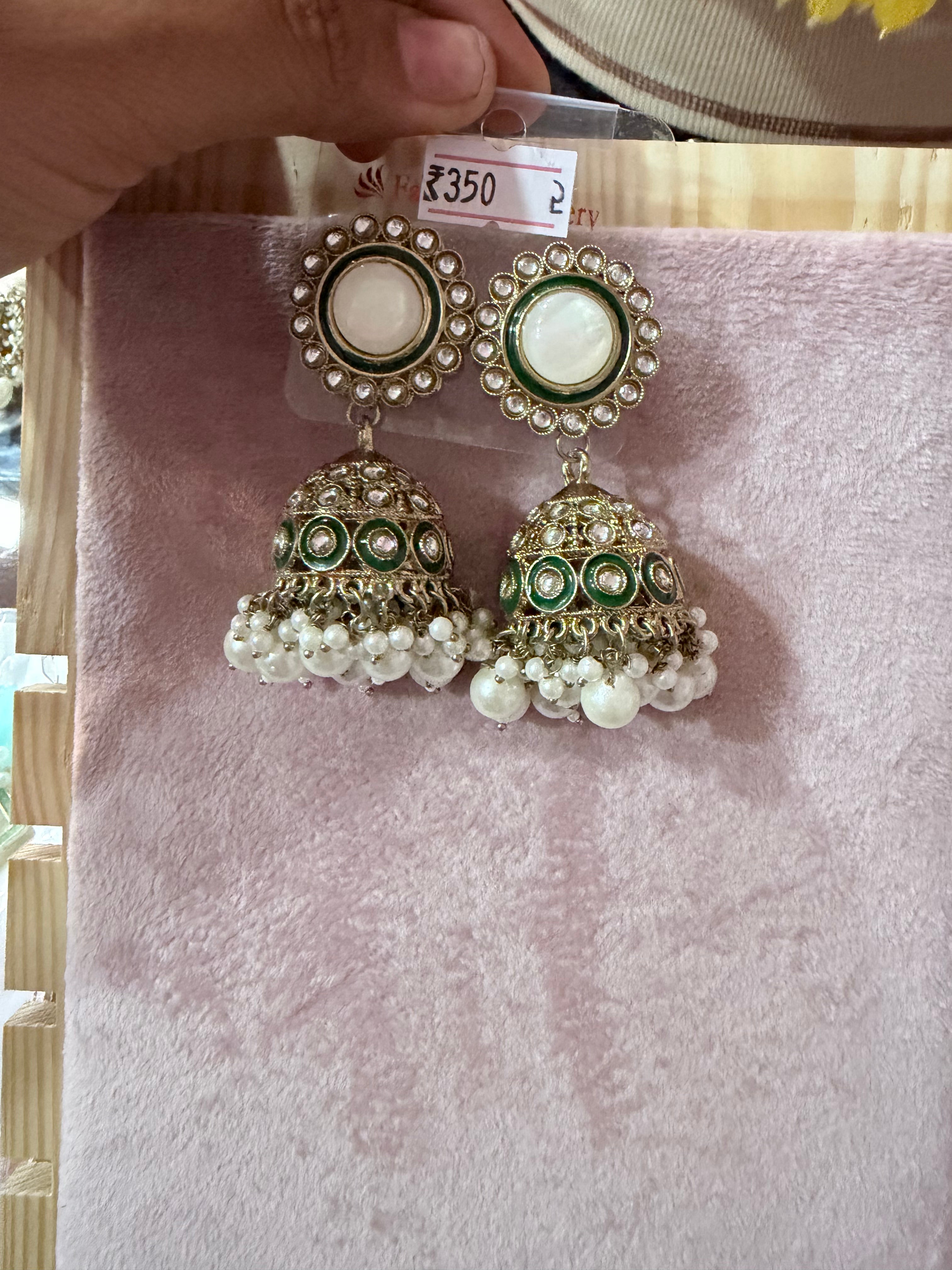 Gold-Tone Green Enamel Pearl Jhumka Earrings