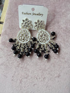 Black Beaded Kundan-Style Chandbali Drop Earrings