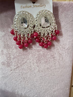 Silver-Tone Pink Beaded Statement Chandbali Earrings