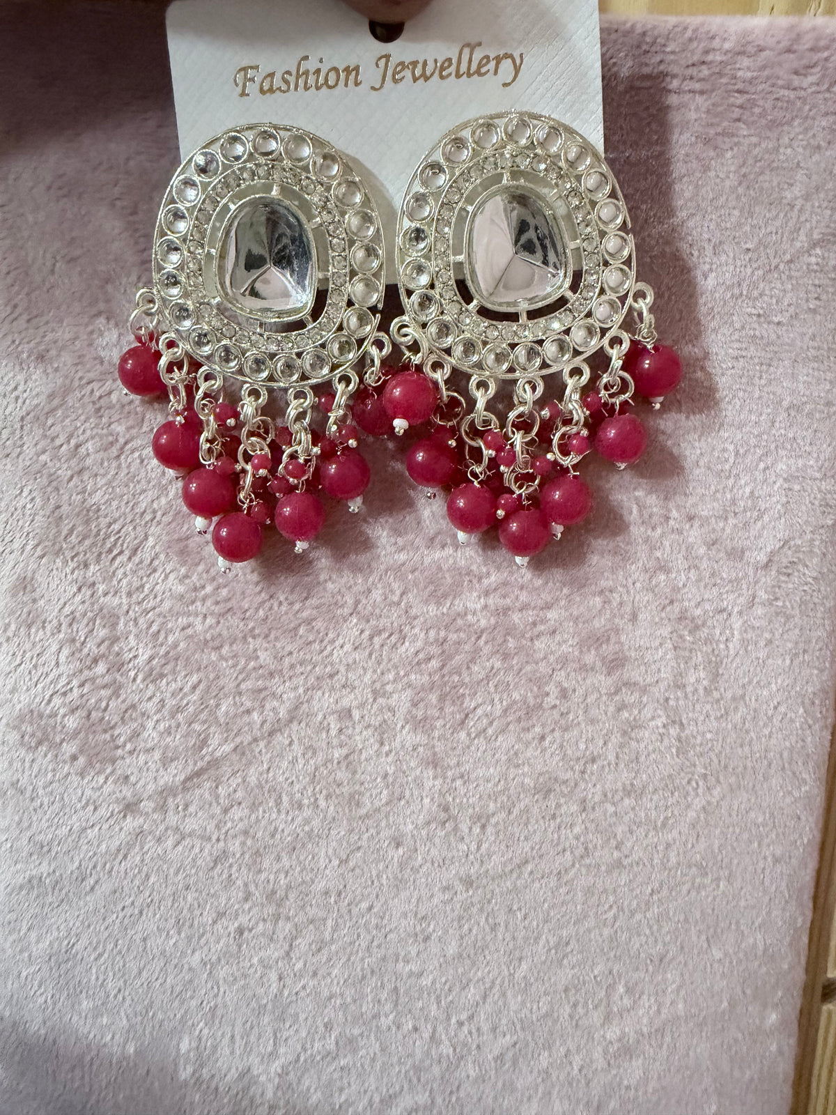 Silver-Tone Pink Beaded Statement Chandbali Earrings