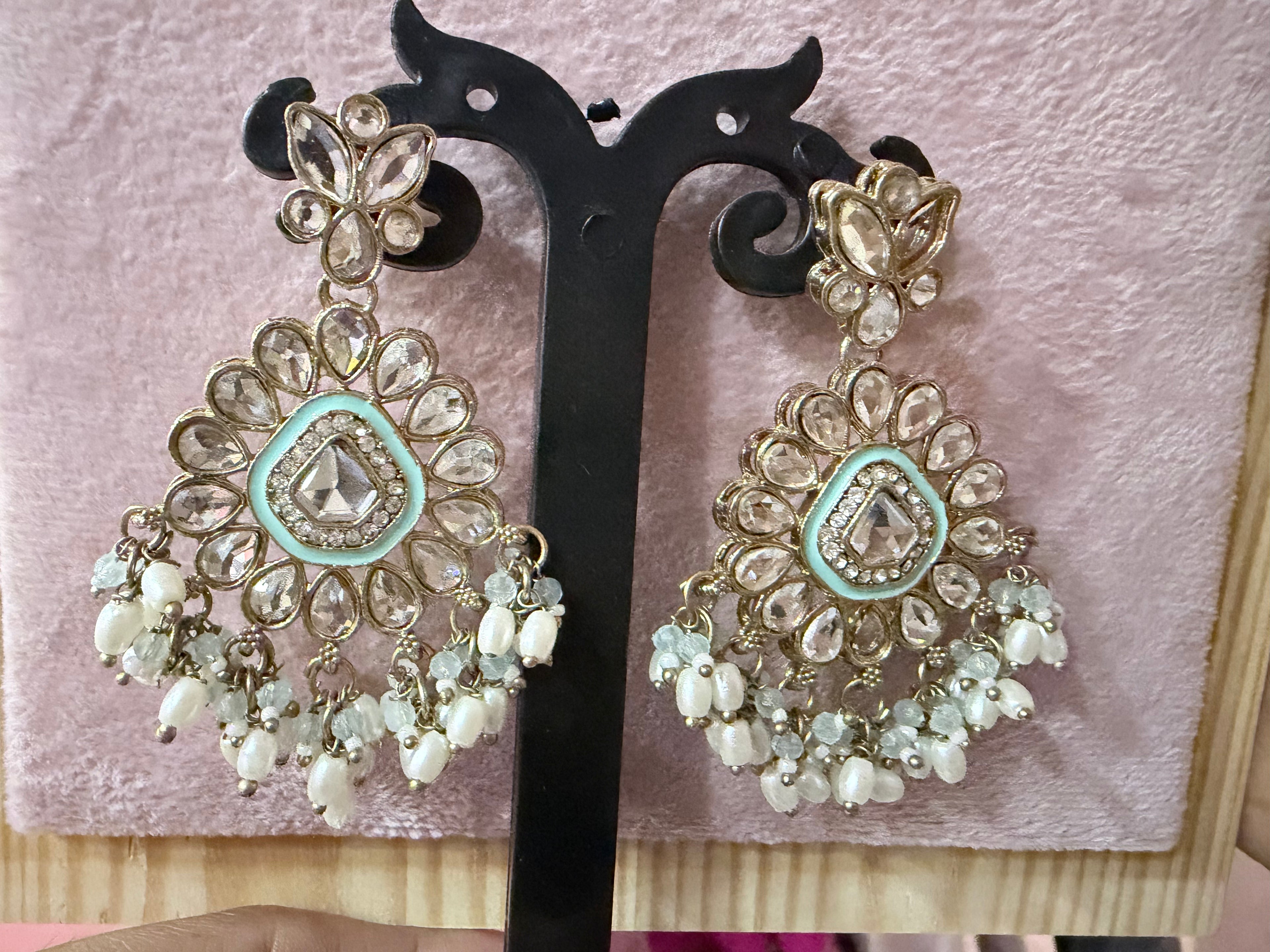 Gold-Tone Mint Green Pearl Chandelier Earrings