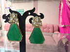 Emerald Green Geometric Drop Earrings – Gold-Tone Floral Crystal Statement Earrings