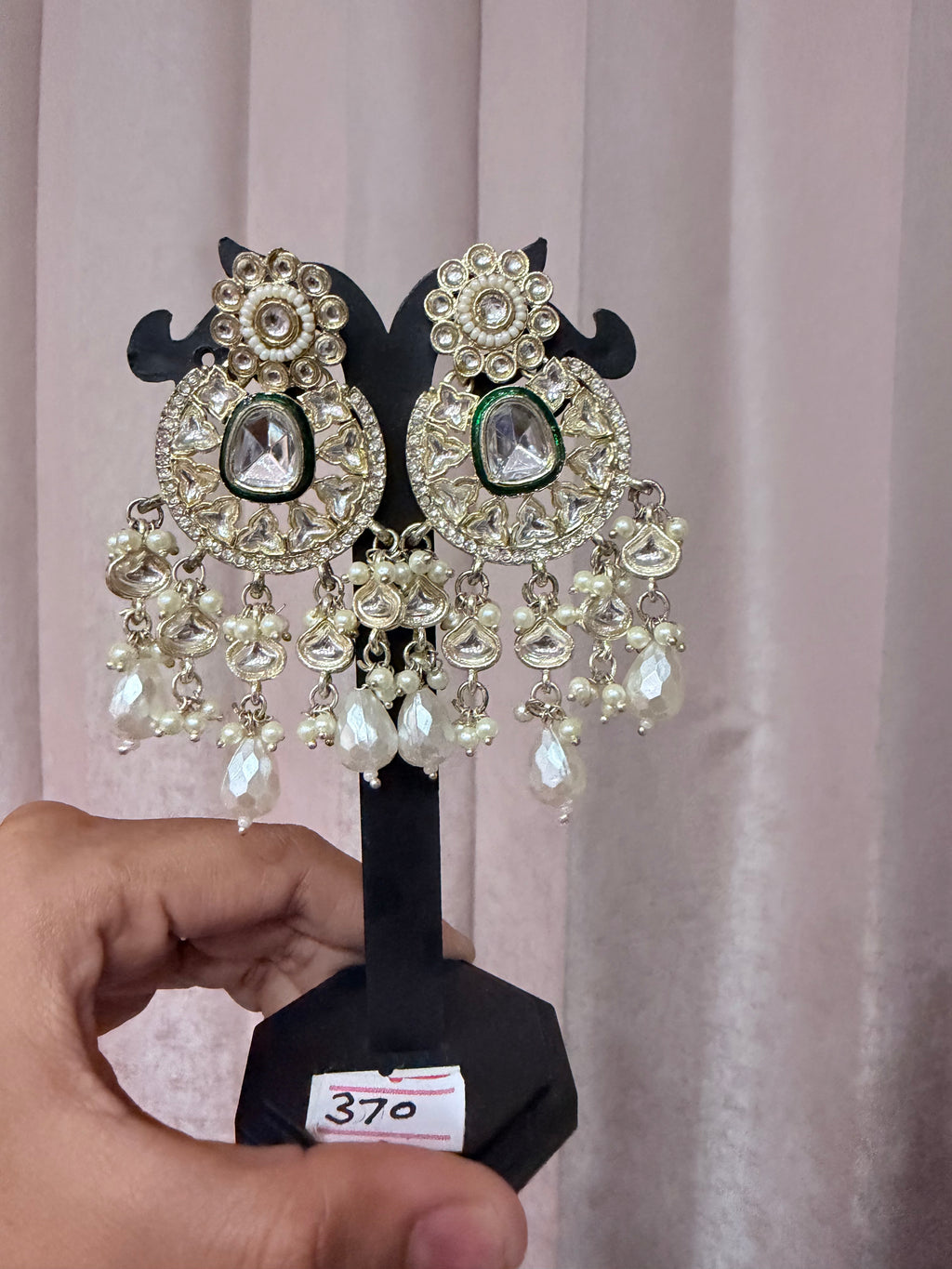 Silver-Tone Green Stone Pearl Chandelier Earrings