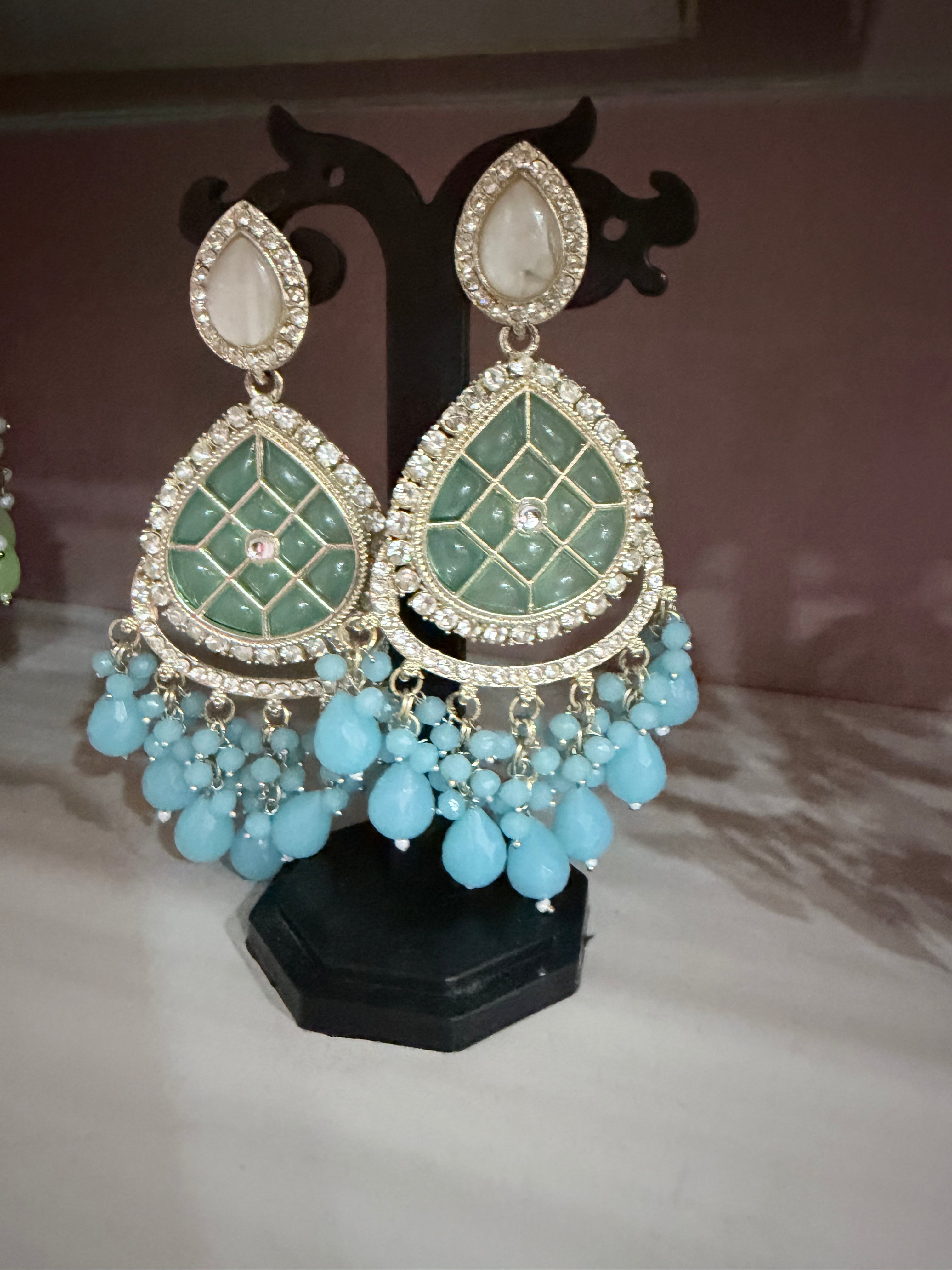 Emerald Green & Aqua Blue Crystal Beaded Chandelier Earrings | Statement Festive Earrings