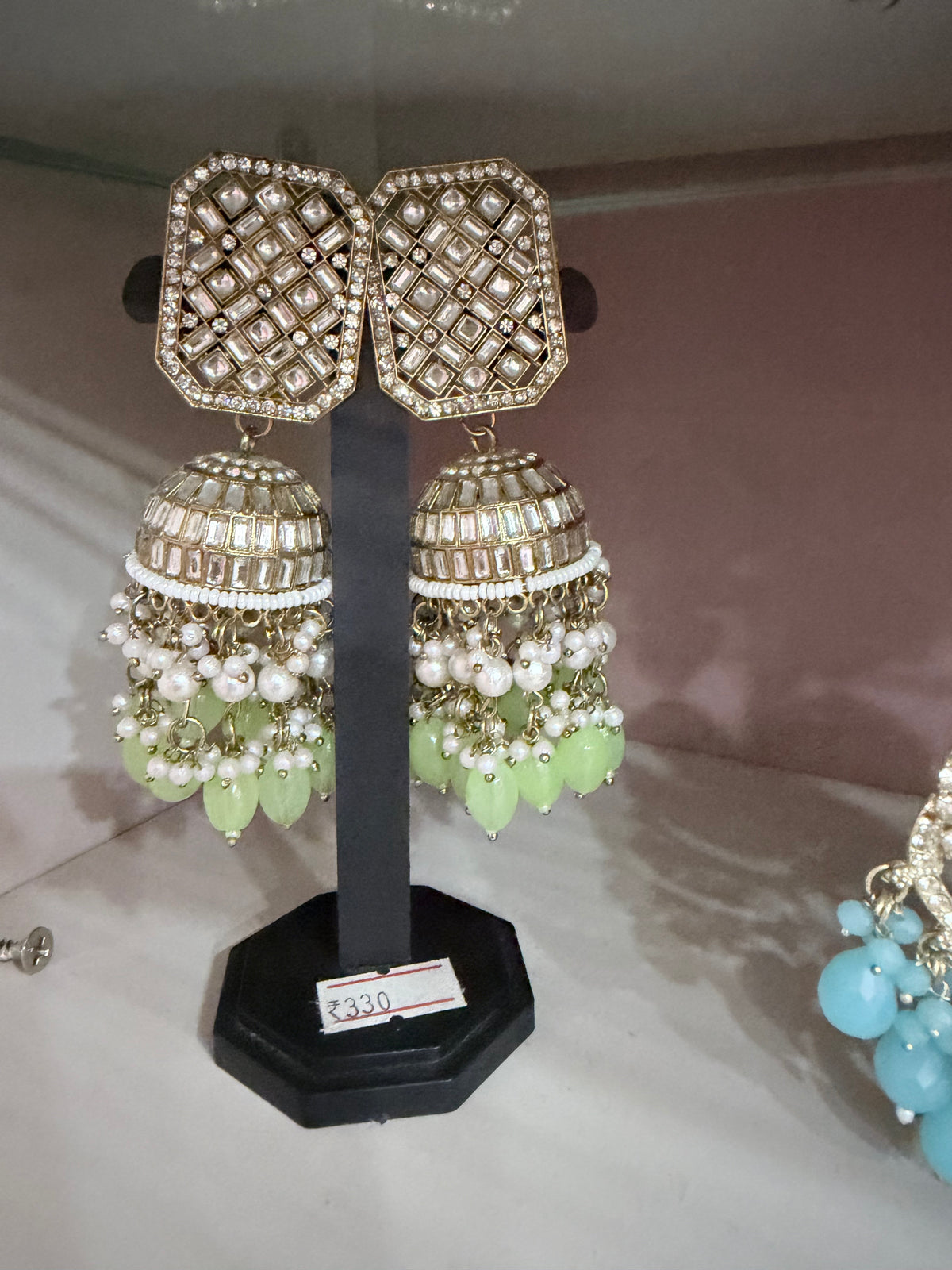 Gold-Tone Green Pearl Jhumka Earrings – Crystal & Pearl Statement Earrings