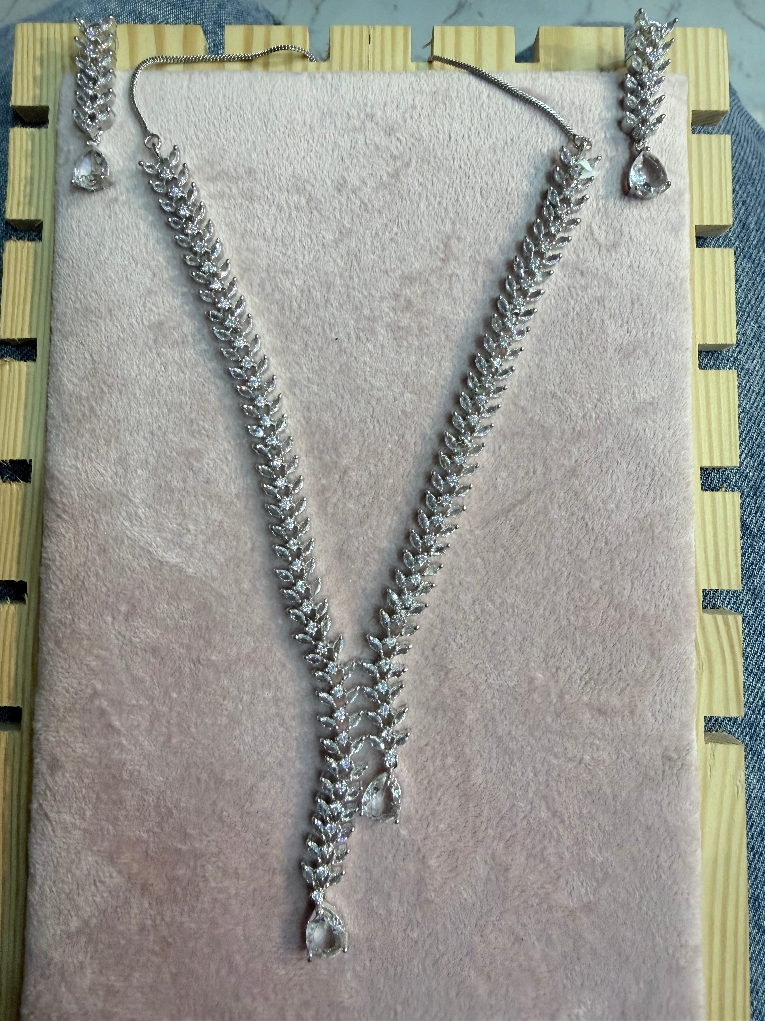 Silver-Tone Leaf Crystal Necklace & Earrings Set