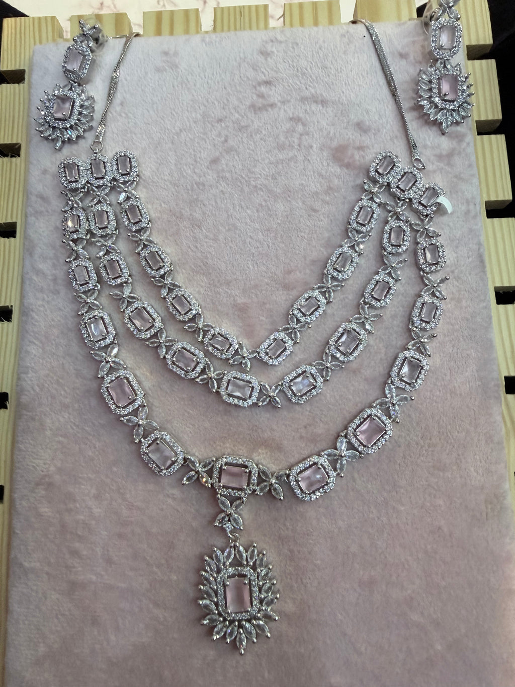 Silver-Tone Pink Stone Layered Necklace & Earrings Set