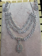 Silver-Tone Pink Stone Layered Necklace & Earrings Set