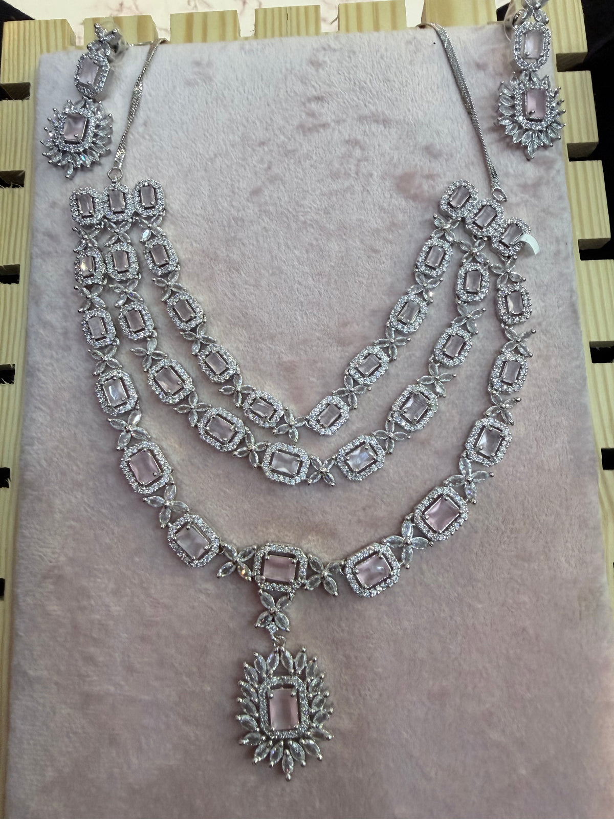 Silver-Tone Pink Stone Layered Necklace & Earrings Set