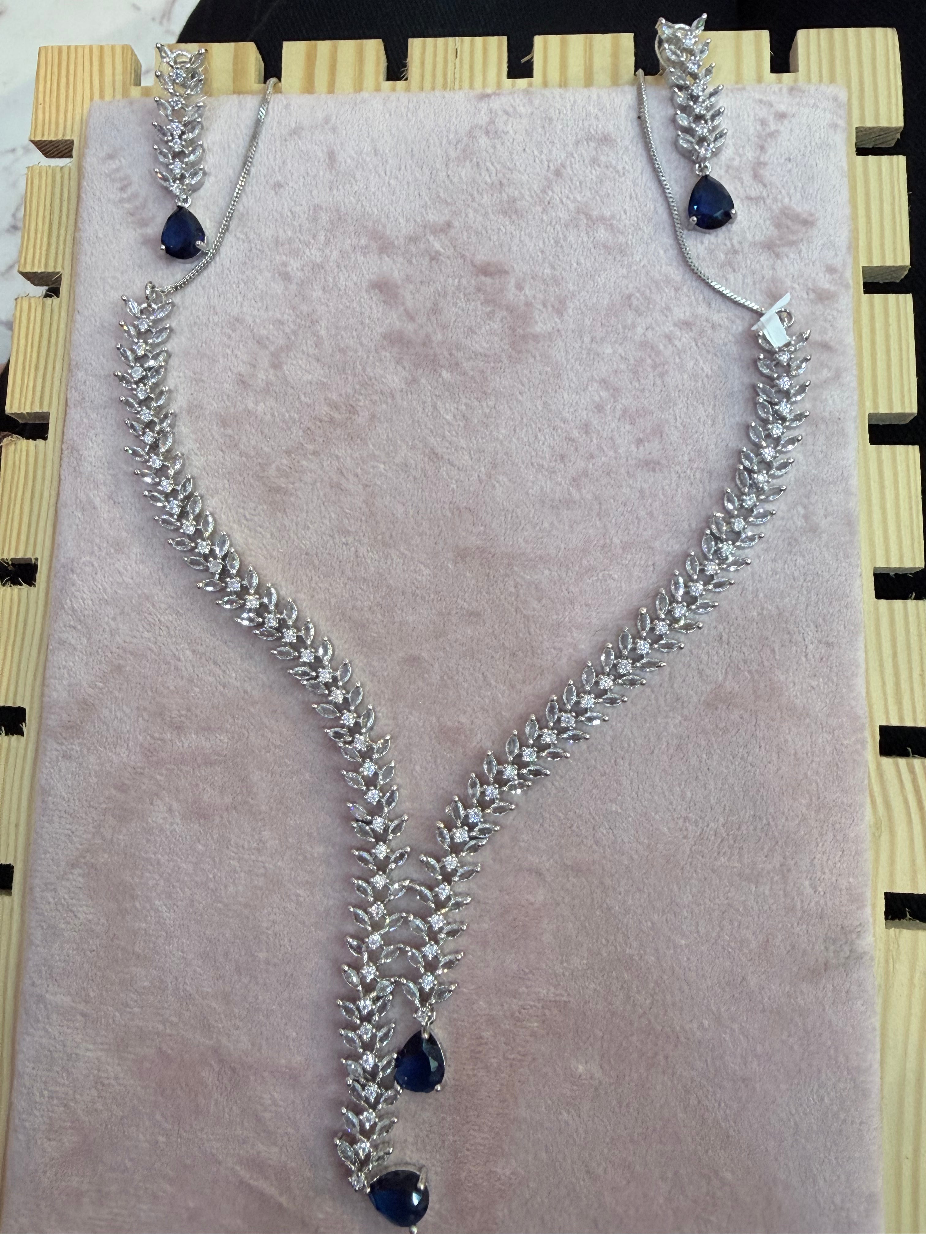 Silver-Tone Blue Stone Leaf-Design Necklace & Earrings Set