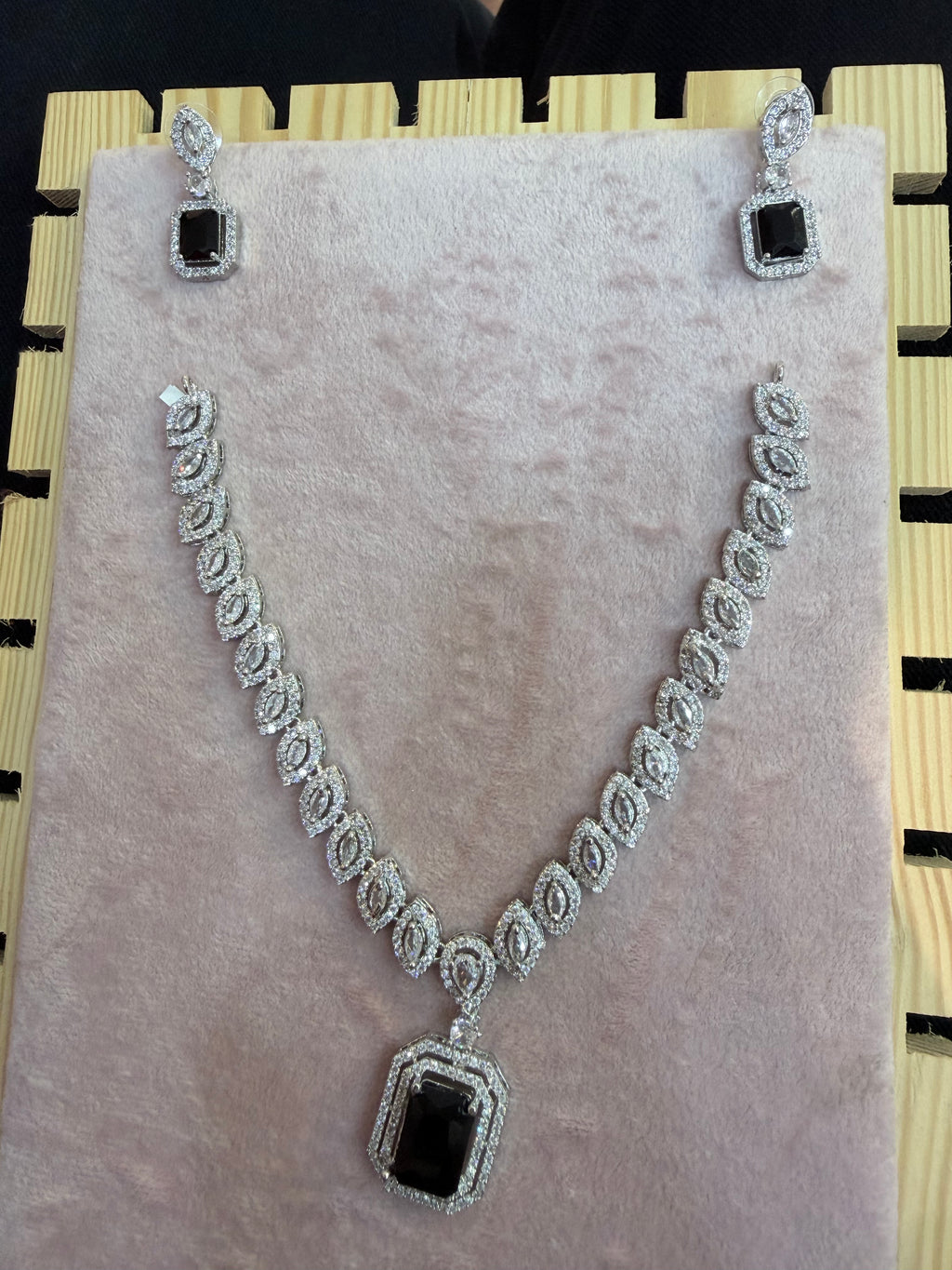 Silver-Tone Black Stone Necklace & Earrings Set