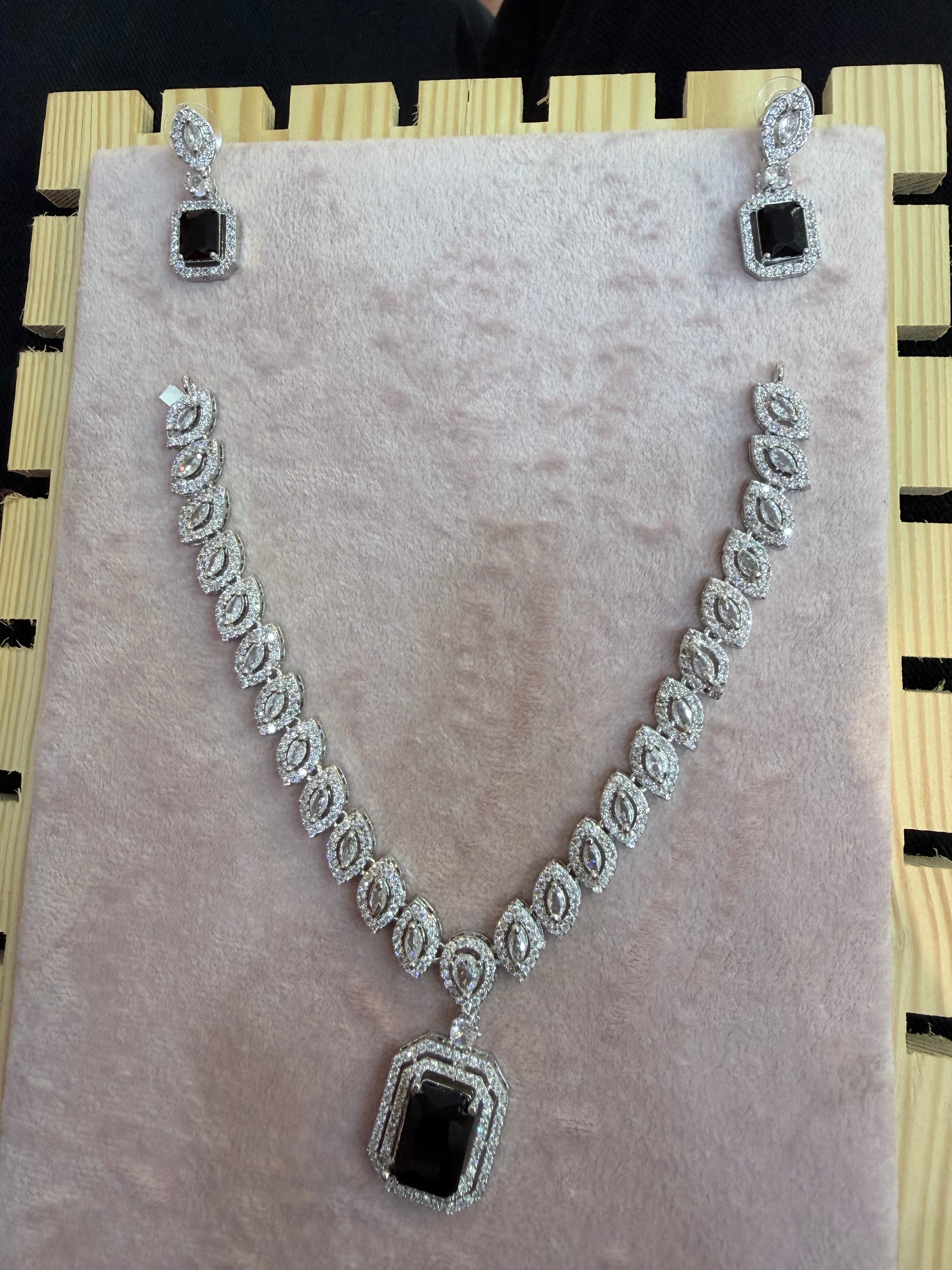 Silver-Tone Black Stone Necklace & Earrings Set