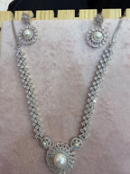Silver-Tone Pearl & Crystal Floral Necklace & Earrings Set