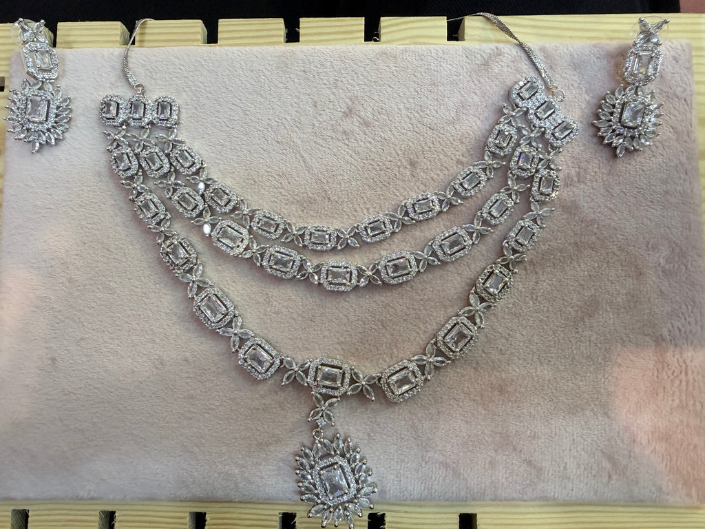 Silver-Tone Rectangular Stone Layered Necklace & Earrings Set