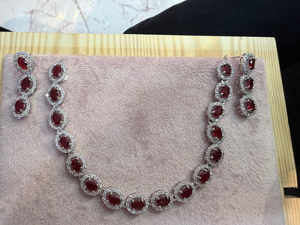 Ruby Red Stone Necklace & Matching Earrings Set