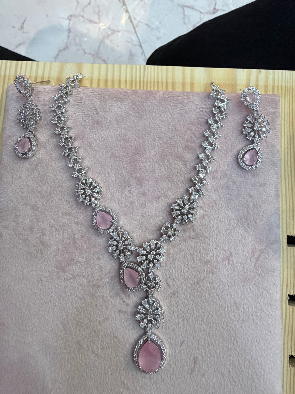 Pink Stone Floral Necklace & Matching Earrings Set