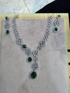 Silver-Tone Emerald Green Stone Necklace & Earrings Set