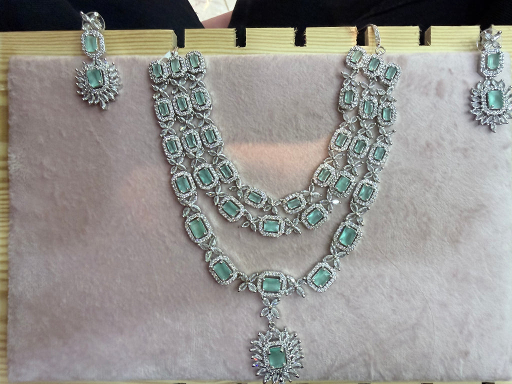 Mint Green Emerald-Cut Stone Layered Necklace Set