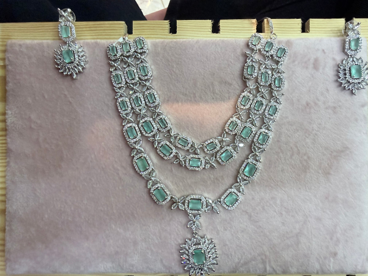 Mint Green Emerald-Cut Stone Layered Necklace Set