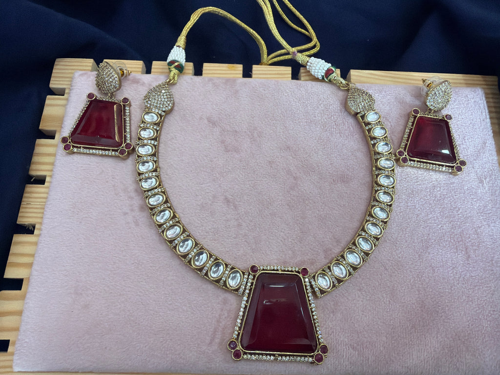 Gold-Tone Ruby Red Statement Necklace Set with Matching Earrings