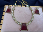 Gold-Tone Ruby Red Statement Necklace Set with Matching Earrings