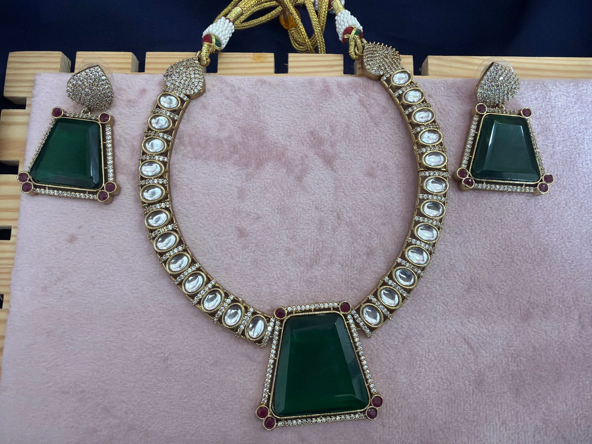 Emerald Green Statement Necklace Set – Gold-Tone Necklace & Matching Earrings