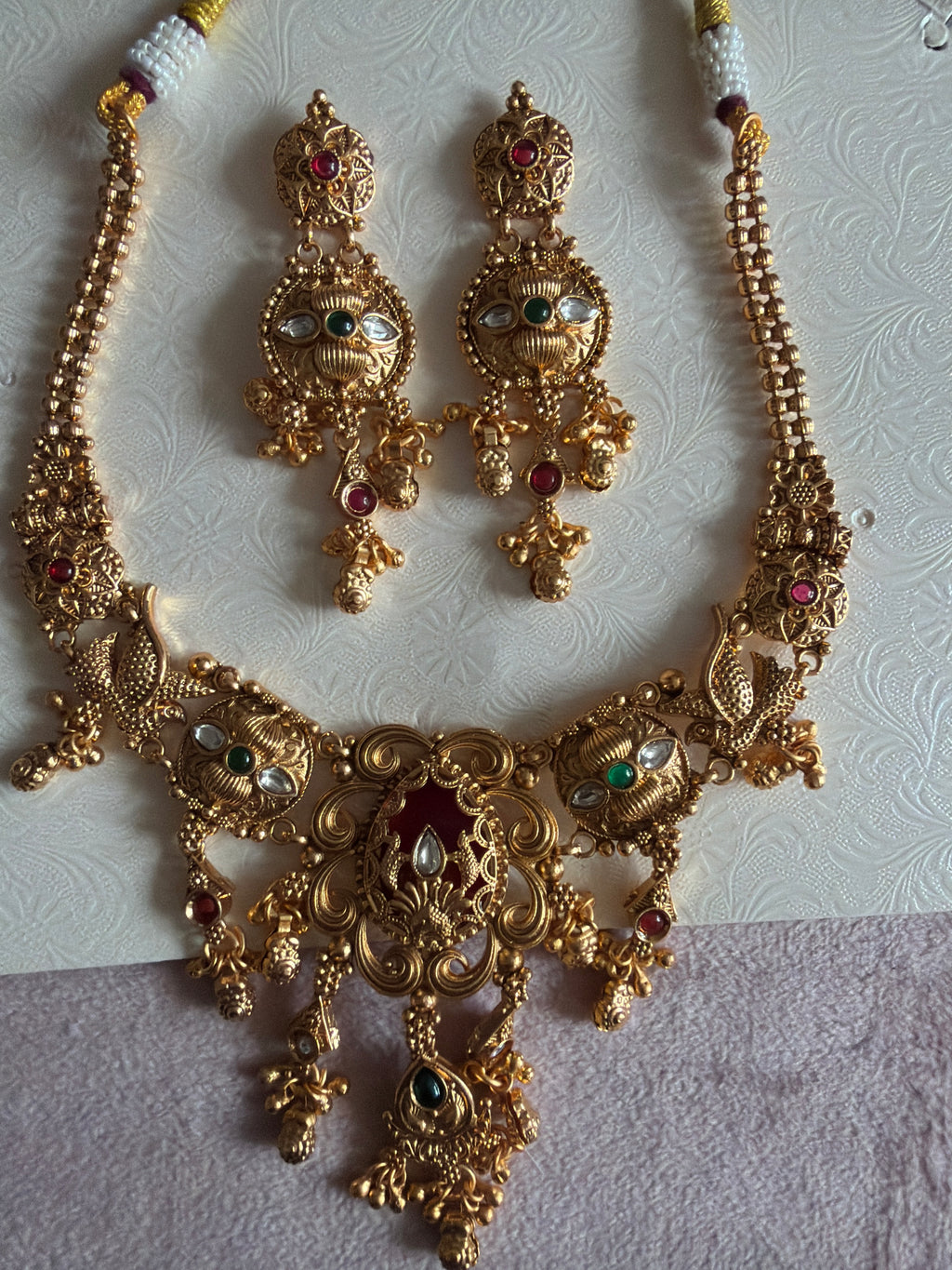 Antique Gold Peacock Meenakari Necklace Set with Statement Earrings